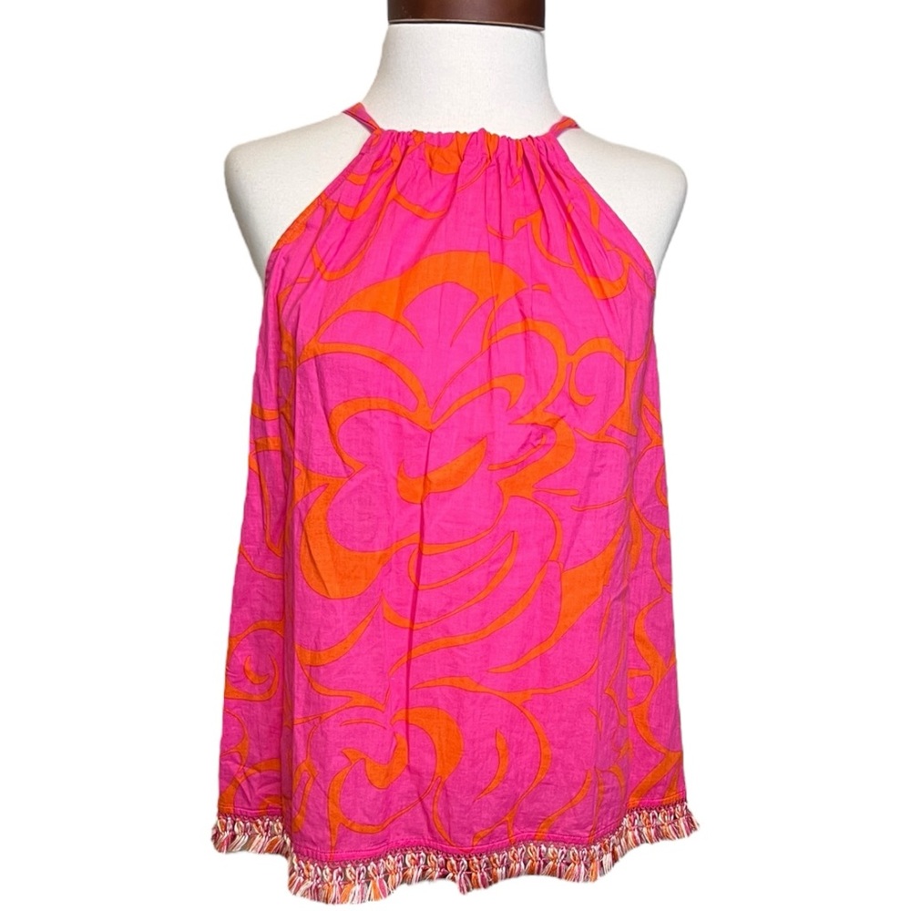 Trina Turk Sleeveless Halter Tie Blouse Fringe Trim Hem Size S